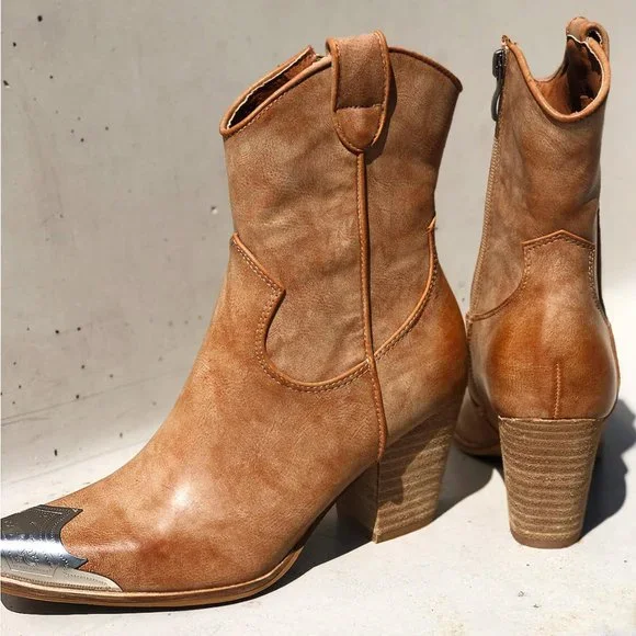 NEW Distressed Nude PU Leather Metal Toe Block Heel Cowgirl Western Ankle Boots - Picture 3 of 14